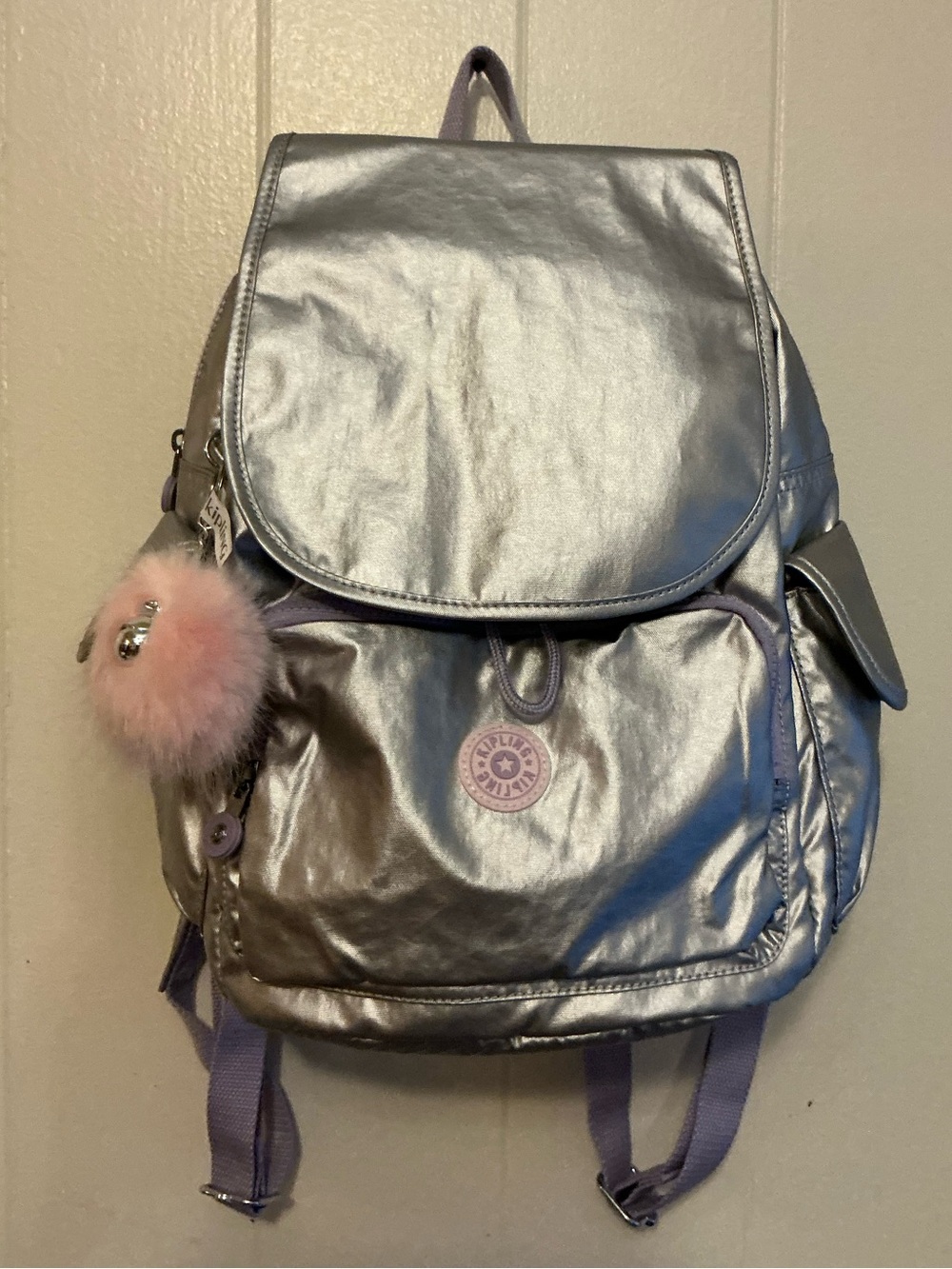NWT Kipling city pack Metallic Backpack Purple Straps Monkey Zip Pockets Bag